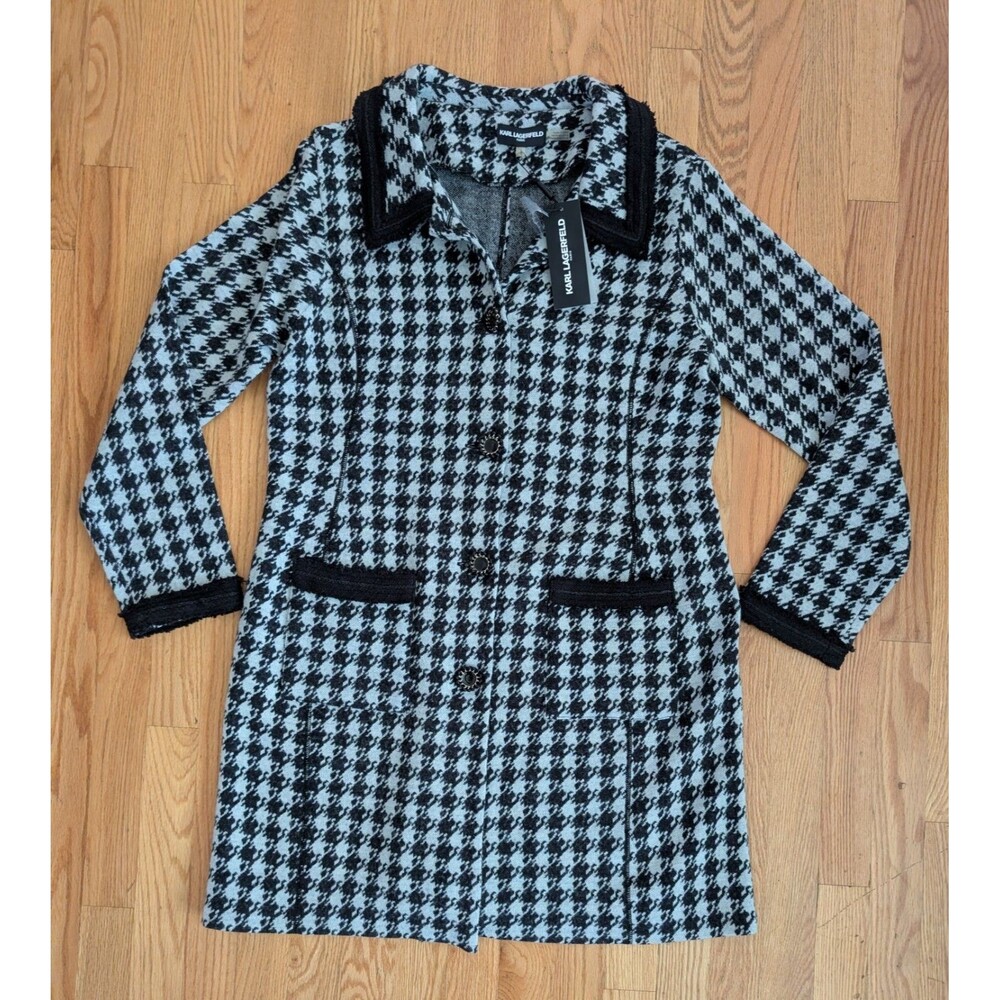 NWT Karl Lagerfeld Coat Womens Large Black White Houndstooth Wool Button Pea NEW